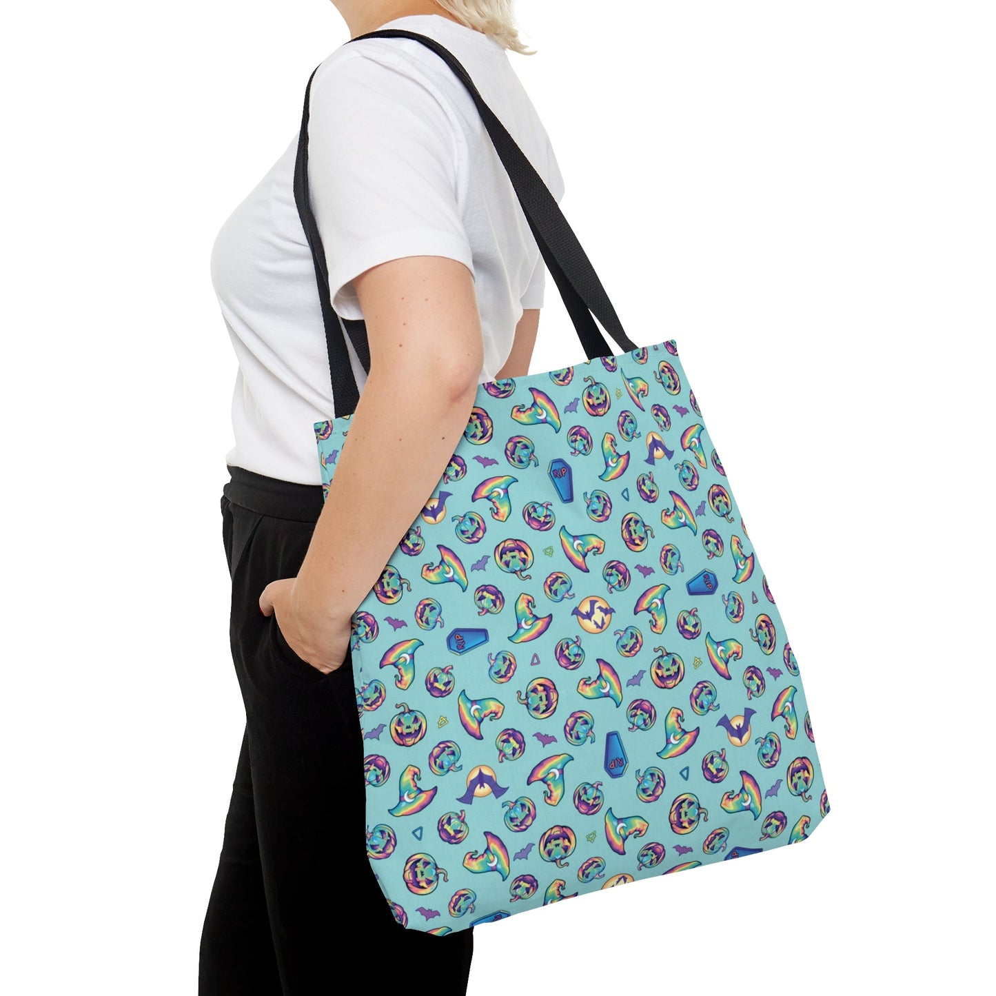 Jack-o’-Lanterns, Bats & Witch Hats Tote Bag - Aqua - Driftless Enchantments