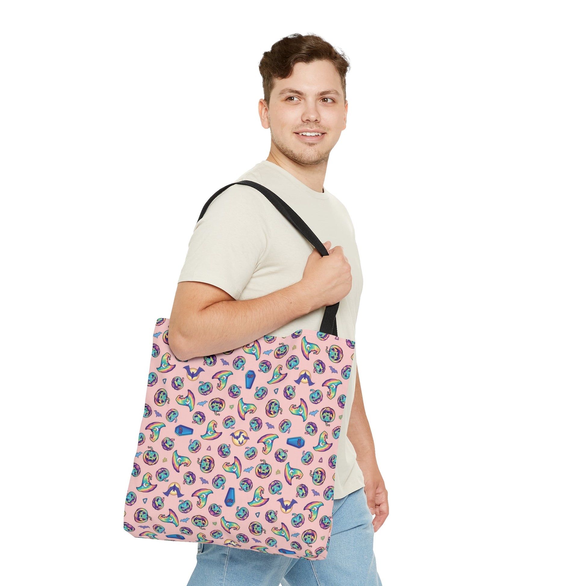 Jack-o’-Lanterns, Bats & Witch Hats Tote Bag - Coral - Driftless Enchantments