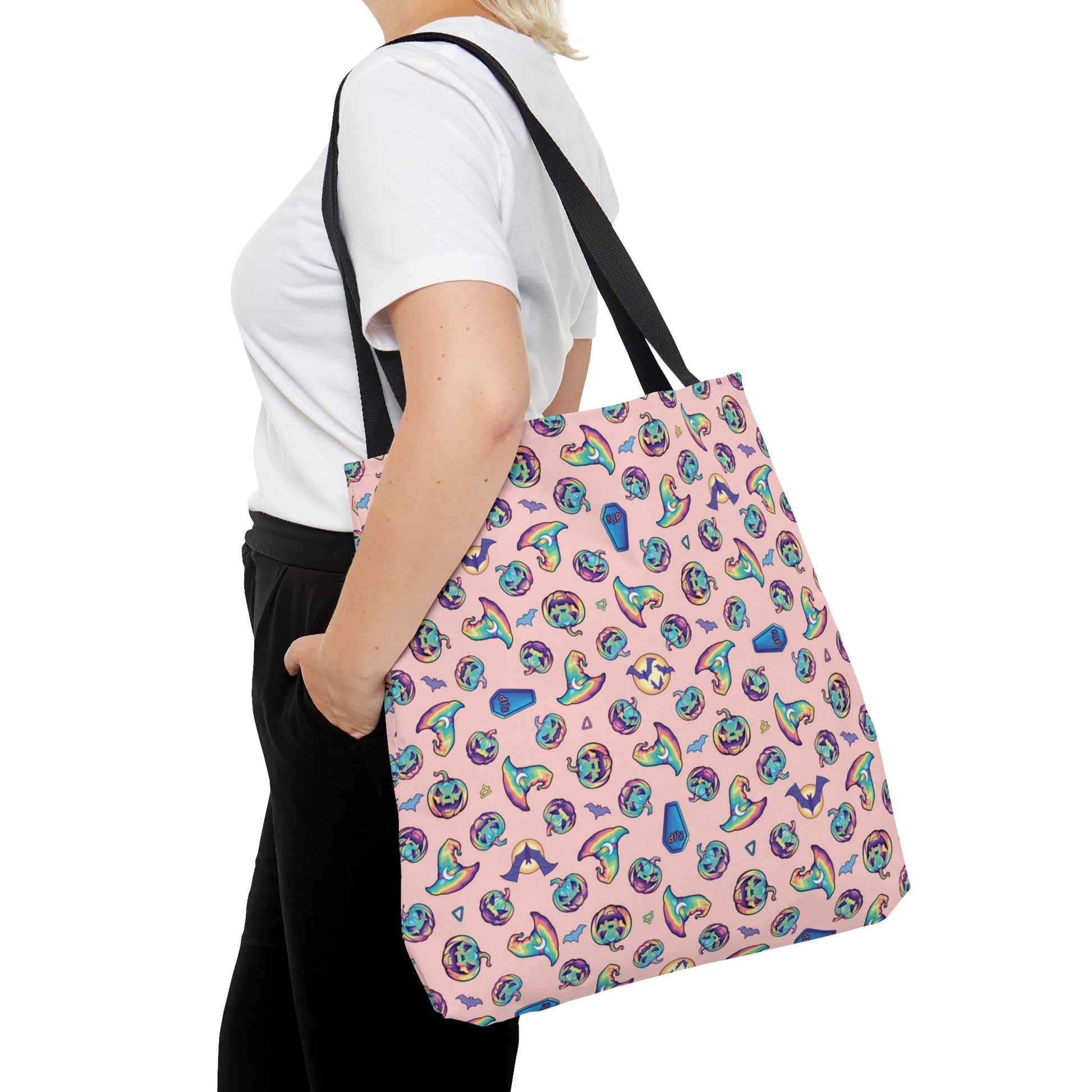 Jack-o’-Lanterns, Bats & Witch Hats Tote Bag - Coral - Driftless Enchantments