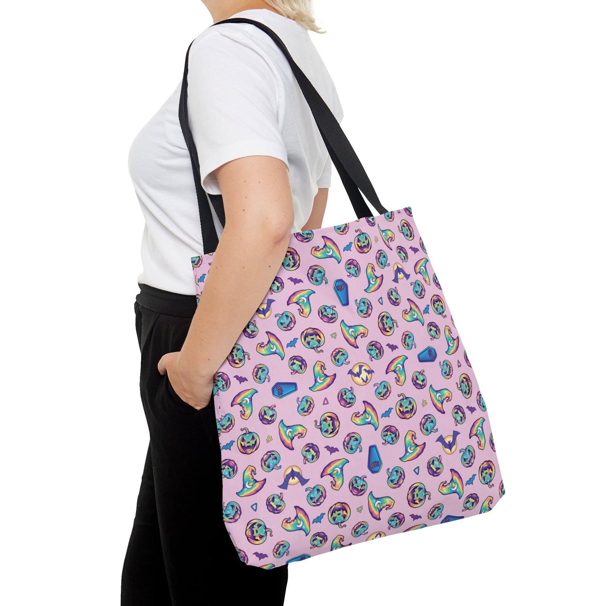Jack-o’-Lanterns, Bats & Witch Hats Tote Bag - Pink - Driftless Enchantments