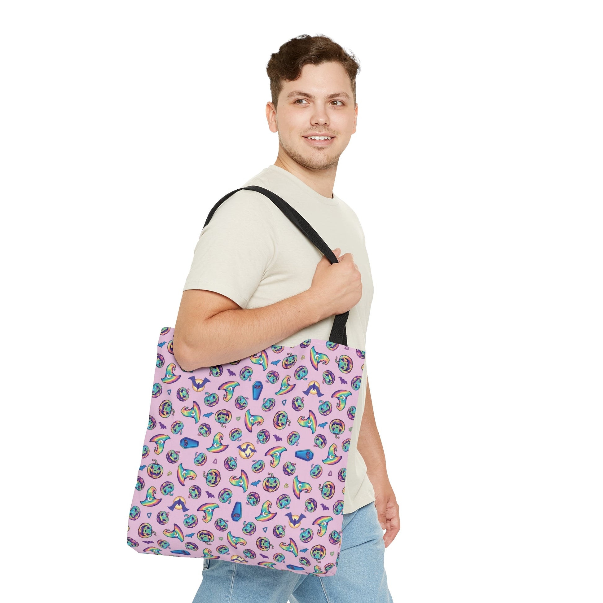 Jack-o’-Lanterns, Bats & Witch Hats Tote Bag - Pink - Driftless Enchantments