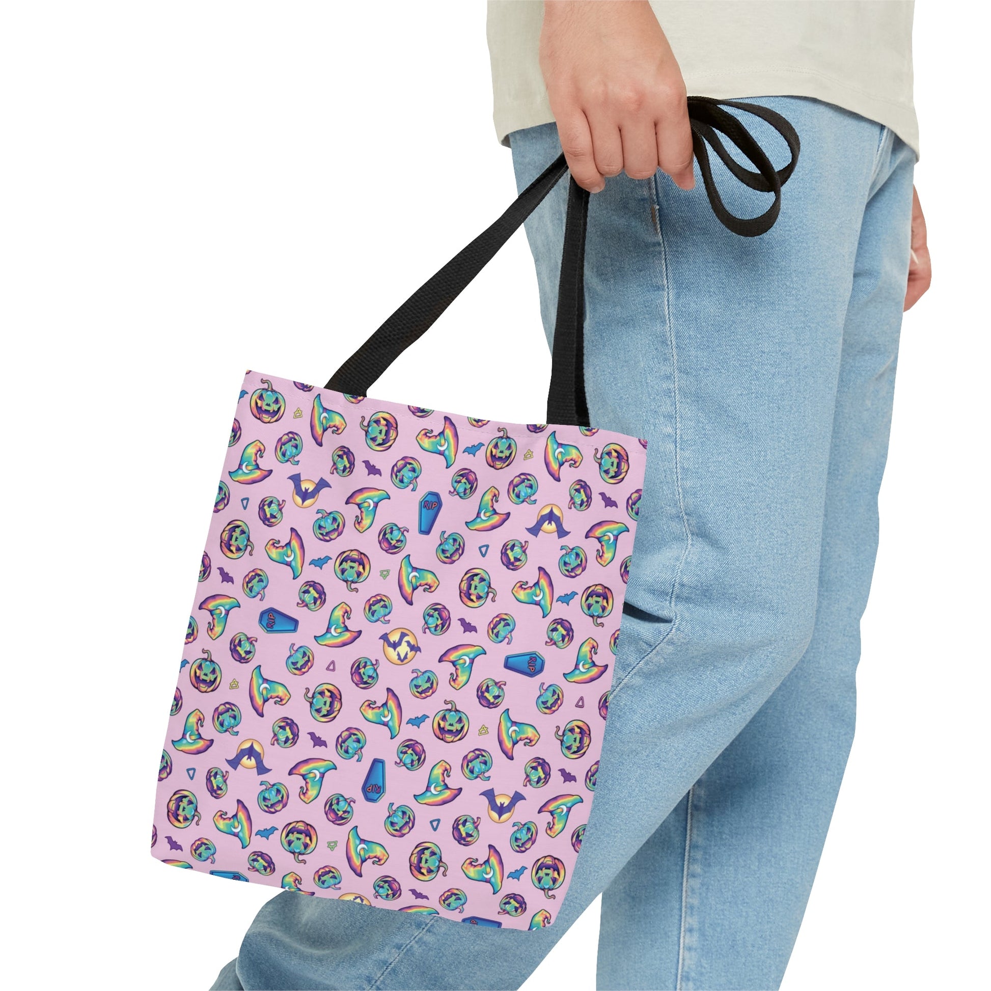 Jack-o’-Lanterns, Bats & Witch Hats Tote Bag - Pink - Driftless Enchantments