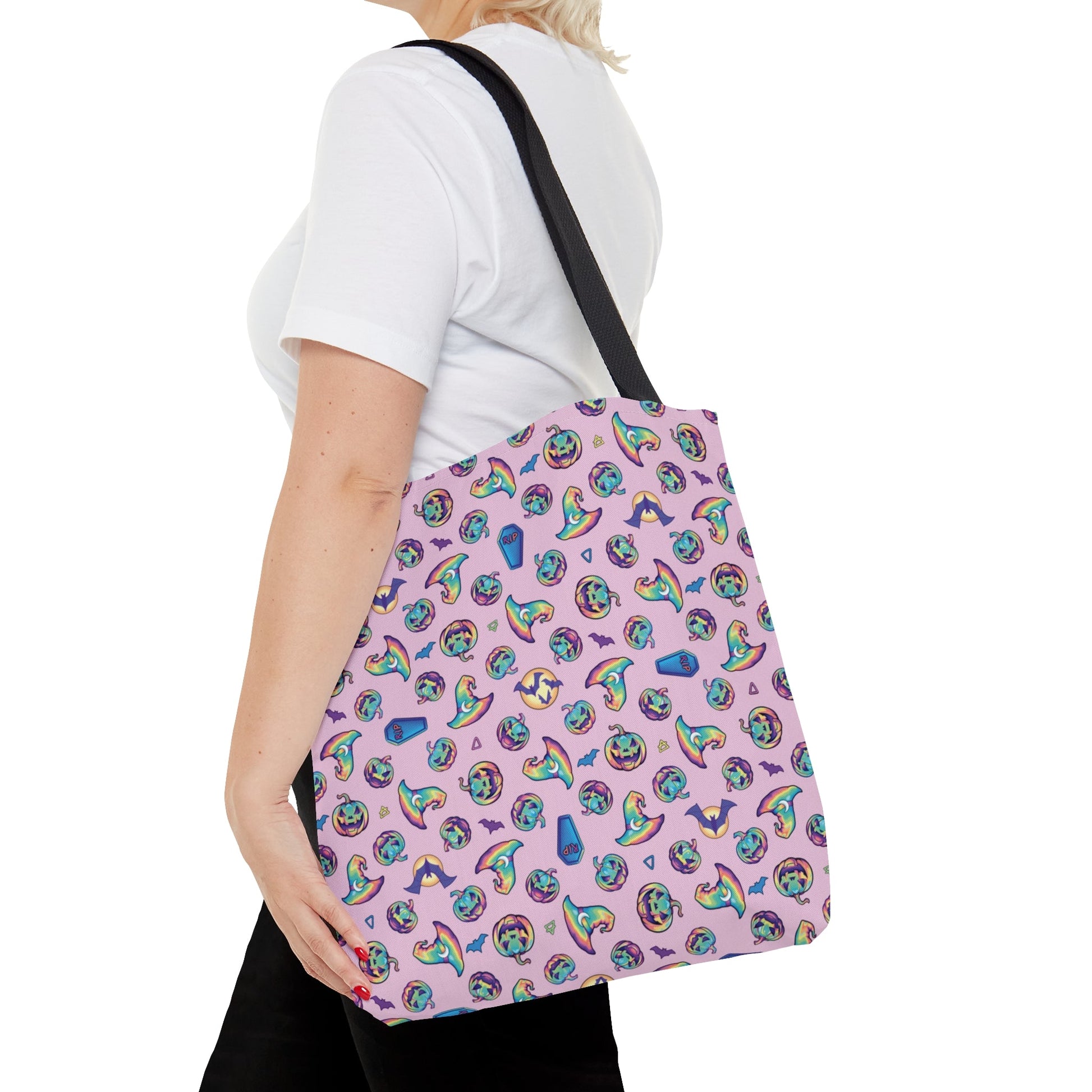 Jack-o’-Lanterns, Bats & Witch Hats Tote Bag - Pink - Driftless Enchantments