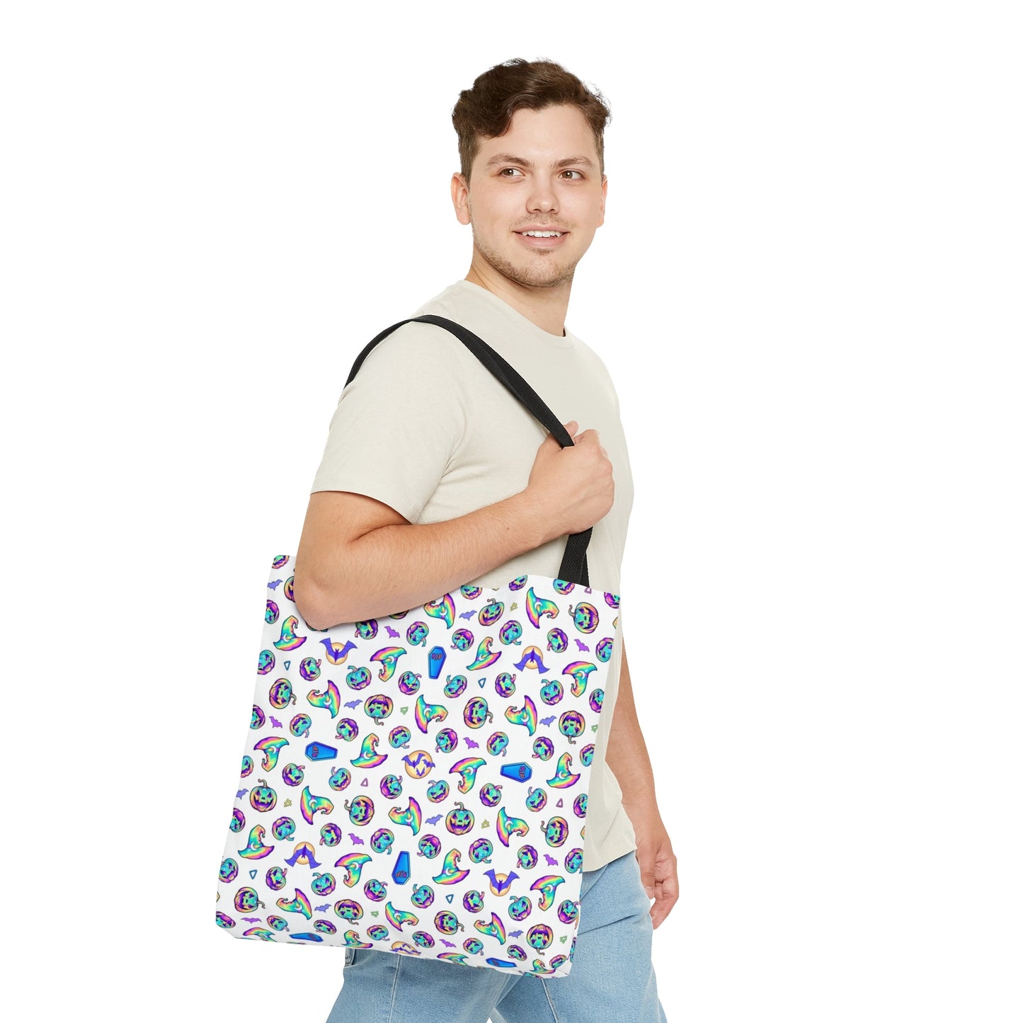 Jack-o’-Lanterns, Bats & Witch Hats Tote Bag - White - Driftless Enchantments