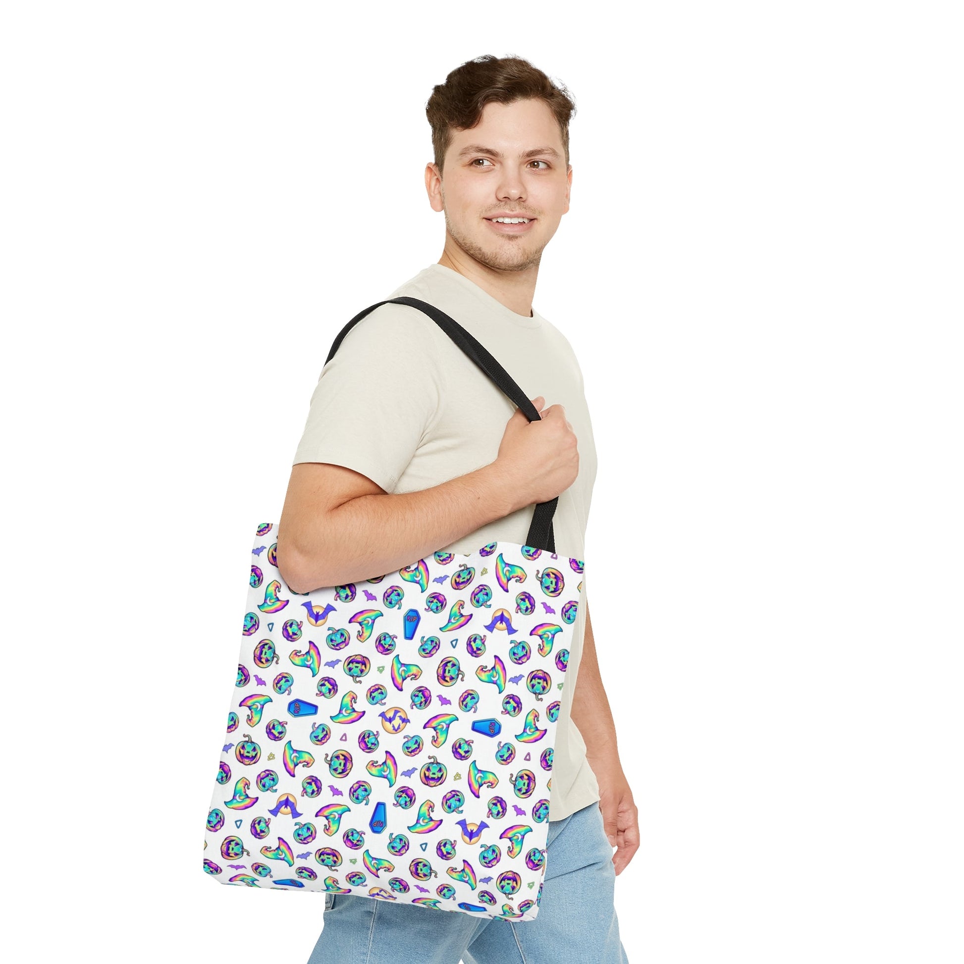 Jack-o’-Lanterns, Bats & Witch Hats Tote Bag - White - Driftless Enchantments