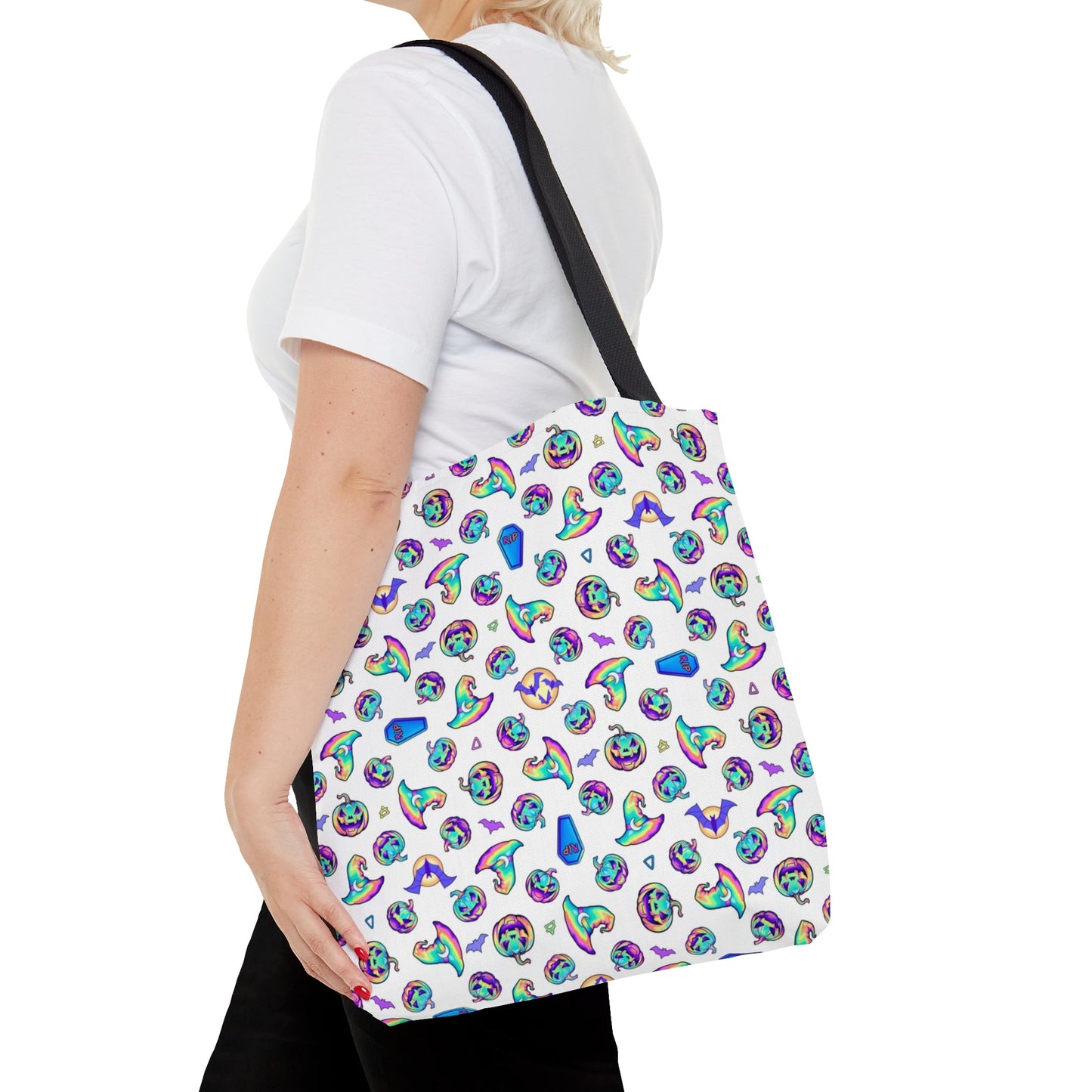 Jack-o’-Lanterns, Bats & Witch Hats Tote Bag - White - Driftless Enchantments