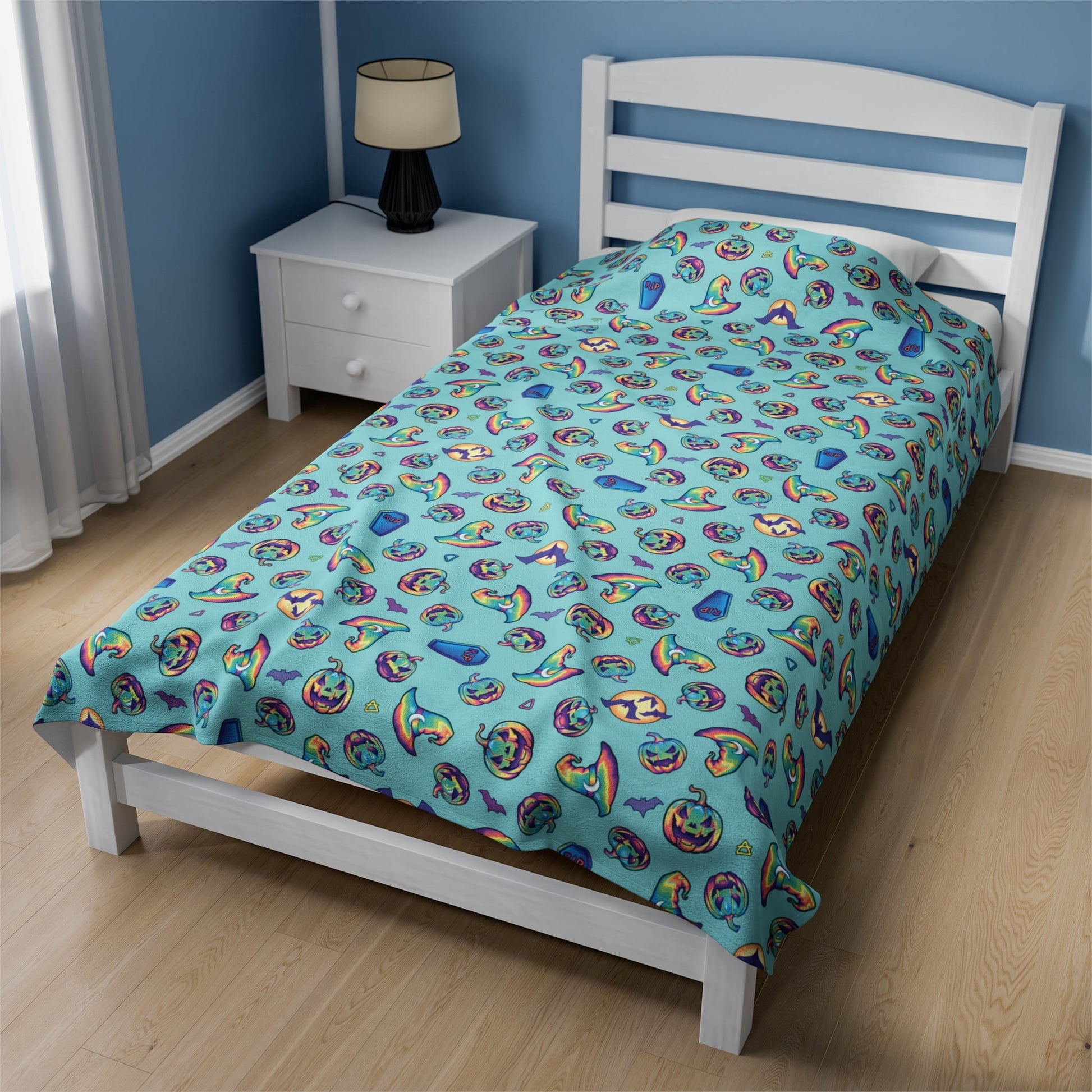Jack-o'-Lanterns, Bats & Witch Hats Velveteen Plush Blanket - Aqua - Driftless Enchantments