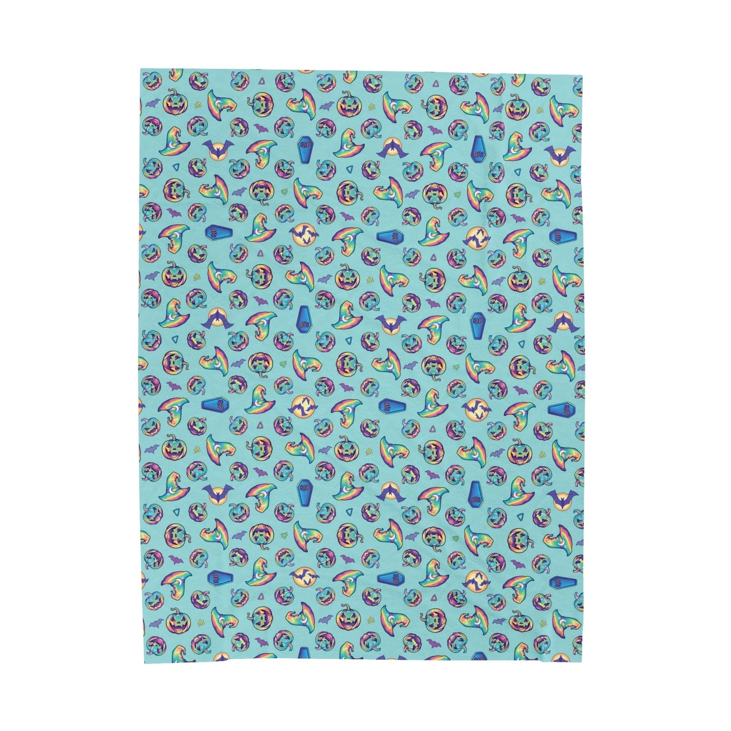 Jack-o'-Lanterns, Bats & Witch Hats Velveteen Plush Blanket - Aqua - Driftless Enchantments