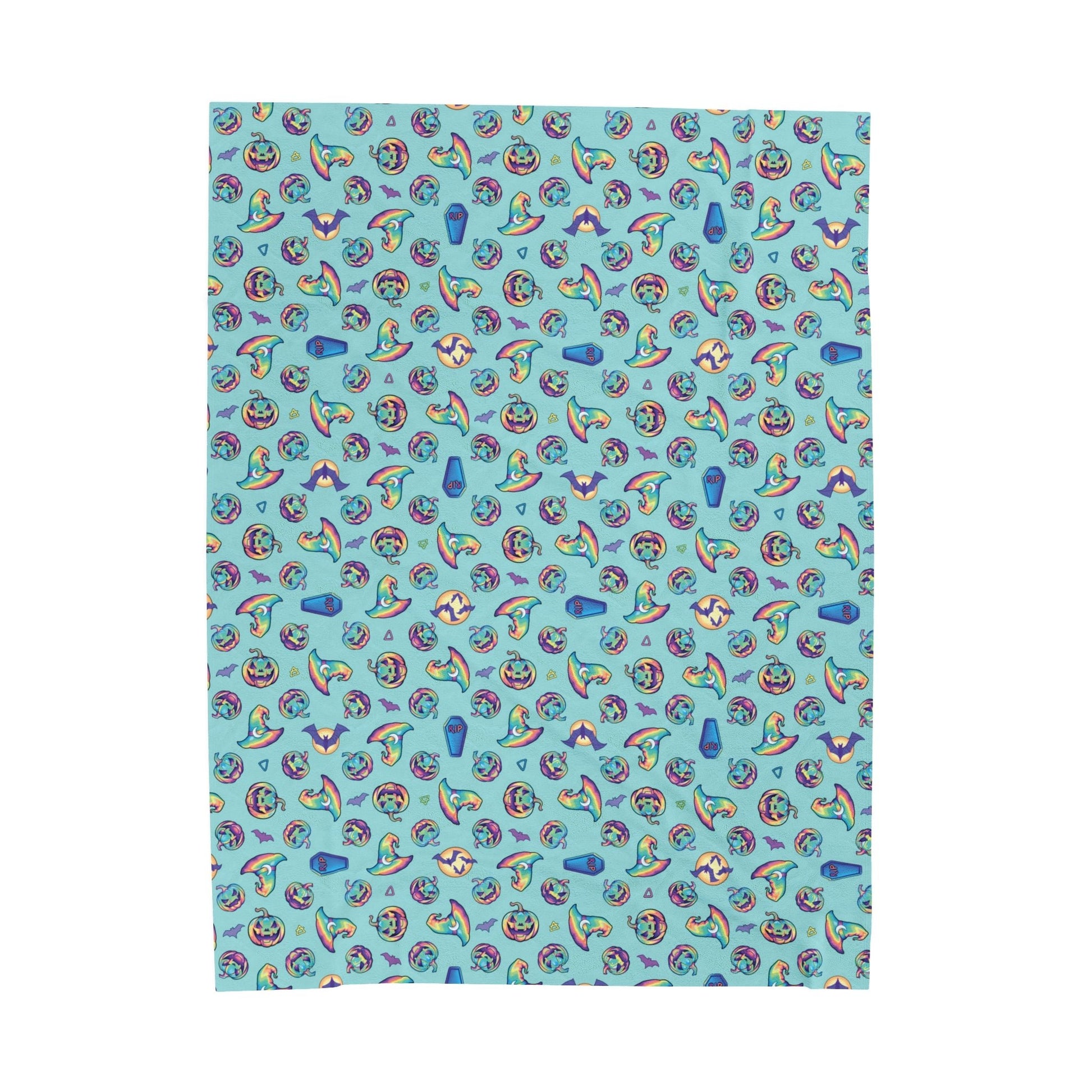 Jack-o'-Lanterns, Bats & Witch Hats Velveteen Plush Blanket - Aqua - Driftless Enchantments
