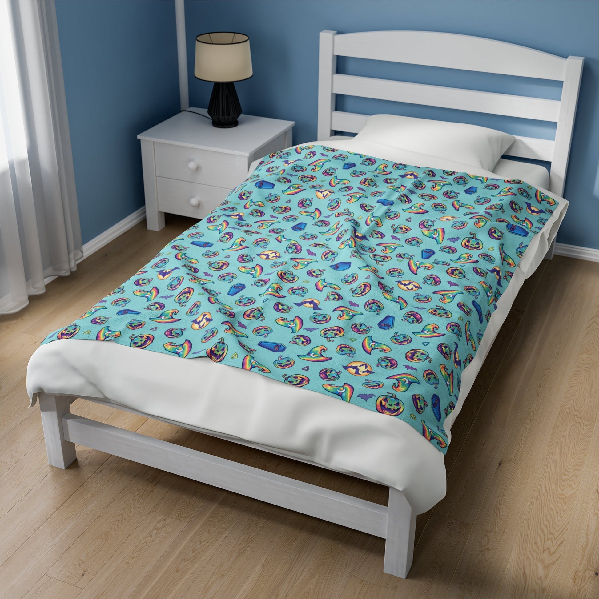Jack-o'-Lanterns, Bats & Witch Hats Velveteen Plush Blanket - Aqua - Driftless Enchantments