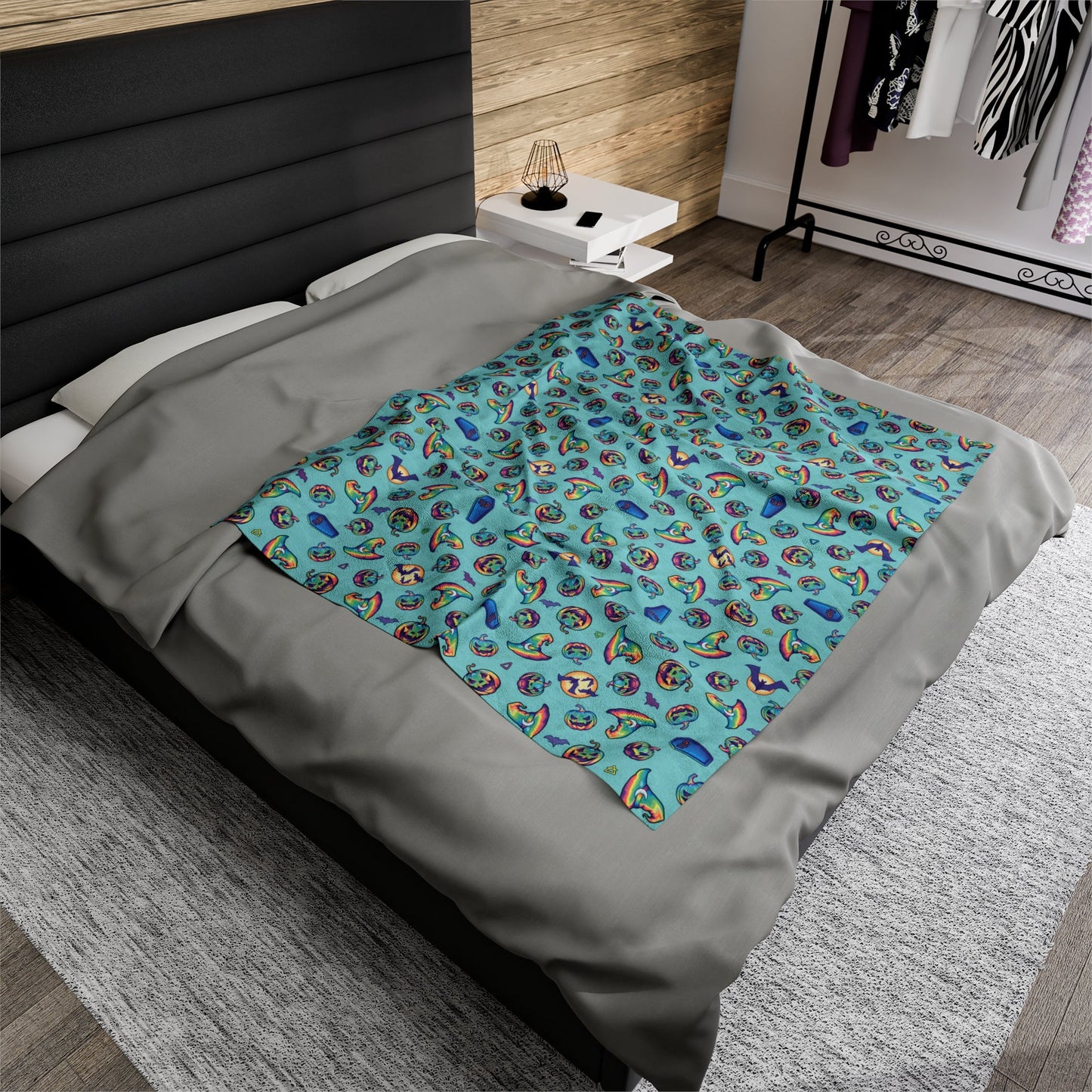 Jack-o'-Lanterns, Bats & Witch Hats Velveteen Plush Blanket - Aqua - Driftless Enchantments