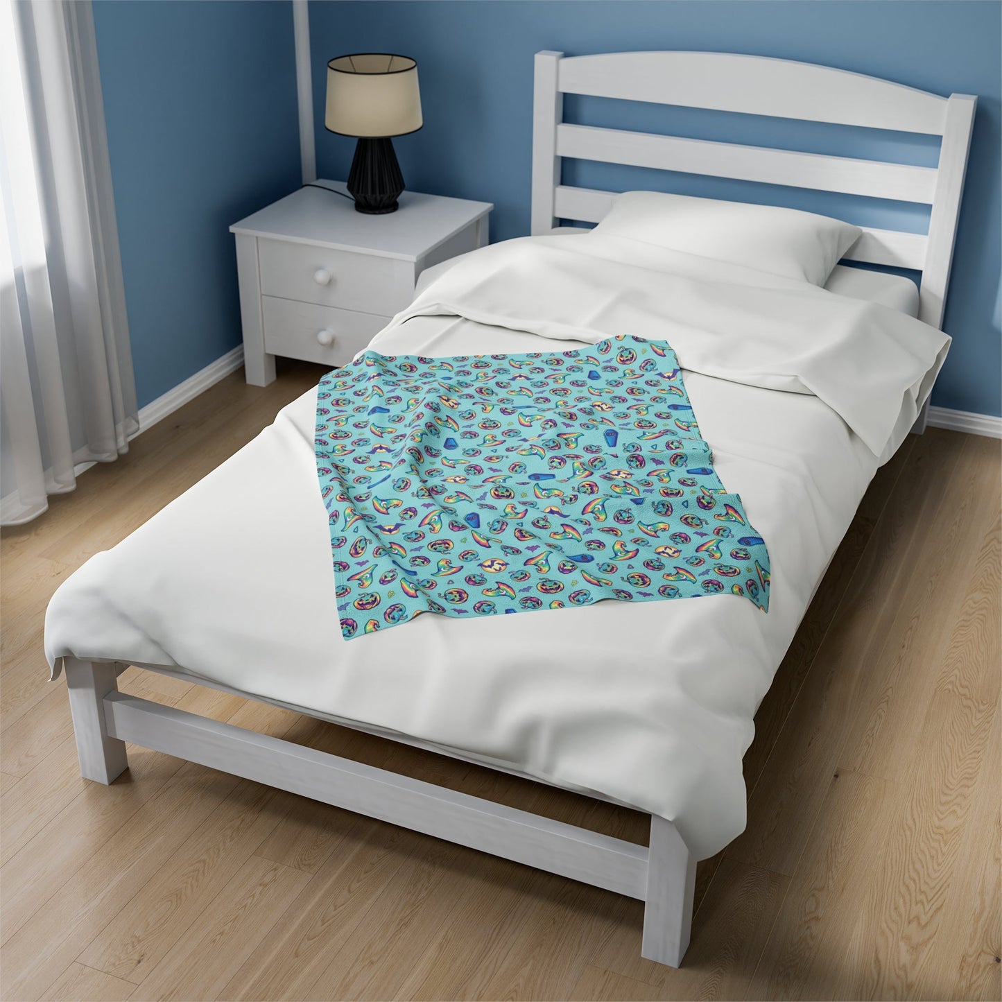Jack-o'-Lanterns, Bats & Witch Hats Velveteen Plush Blanket - Aqua - Driftless Enchantments