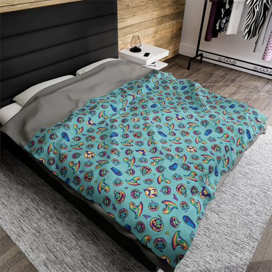 Jack-o'-Lanterns, Bats & Witch Hats Velveteen Plush Blanket - Aqua - Driftless Enchantments