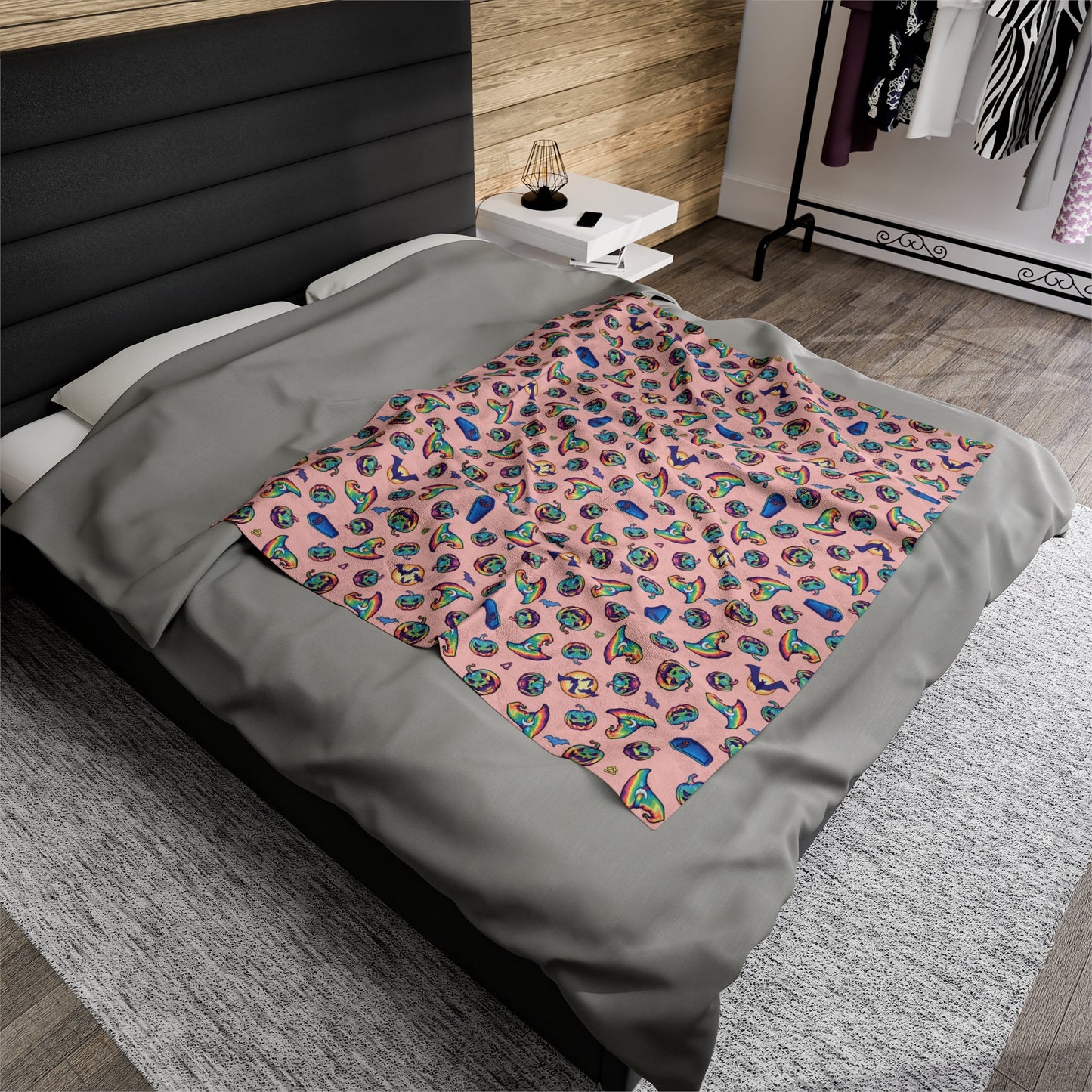 Jack-o'-Lanterns, Bats & Witch Hats Velveteen Plush Blanket - Coral - Driftless Enchantments