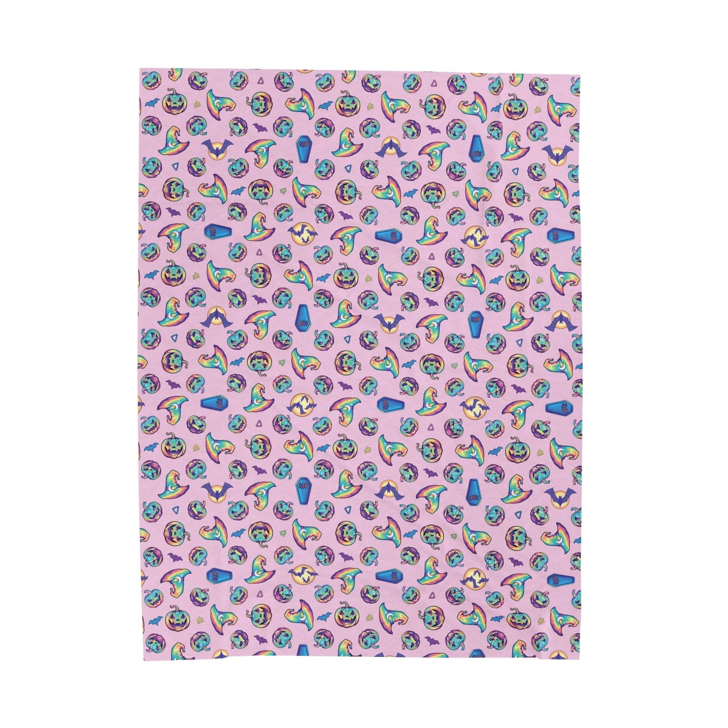 Jack-o'-Lanterns, Bats & Witch Hats Velveteen Plush Blanket - Pink - Driftless Enchantments