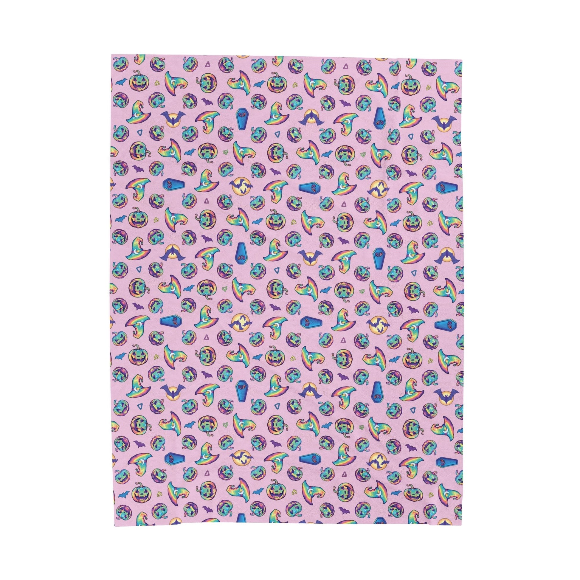 Jack-o'-Lanterns, Bats & Witch Hats Velveteen Plush Blanket - Pink - Driftless Enchantments