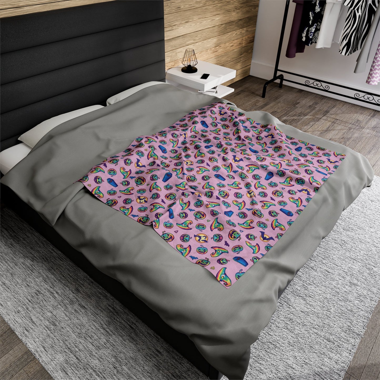 Jack-o'-Lanterns, Bats & Witch Hats Velveteen Plush Blanket - Pink - Driftless Enchantments