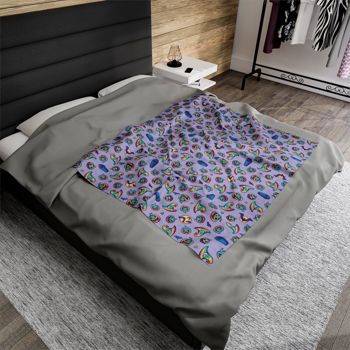 Jack-o'-Lanterns, Bats & Witch Hats Velveteen Plush Blanket - Violet - Driftless Enchantments