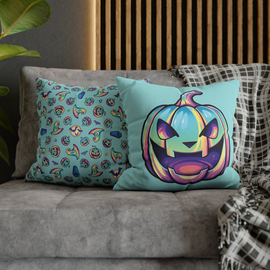 Jag-o’-Lantern Reversible Square Pillow Case - Aqua - Driftless Enchantments