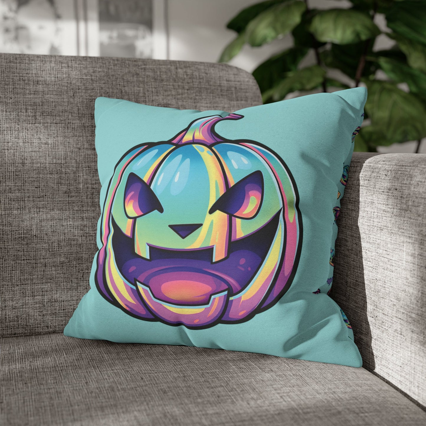 Jag-o’-Lantern Reversible Square Pillow Case - Aqua - Driftless Enchantments