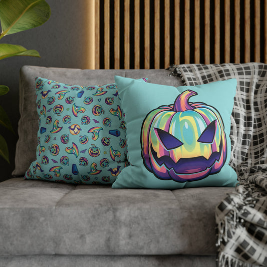 Joke-o’-Lantern Reversible Square Pillow Case - Aqua - Driftless Enchantments