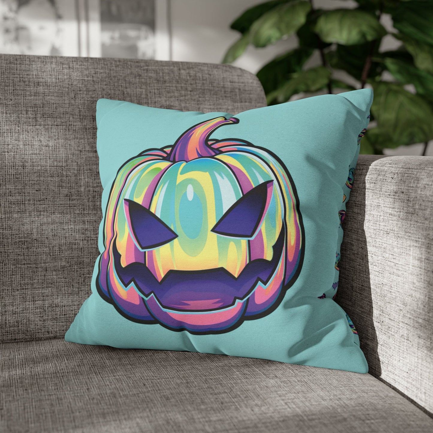 Joke-o’-Lantern Reversible Square Pillow Case - Aqua - Driftless Enchantments