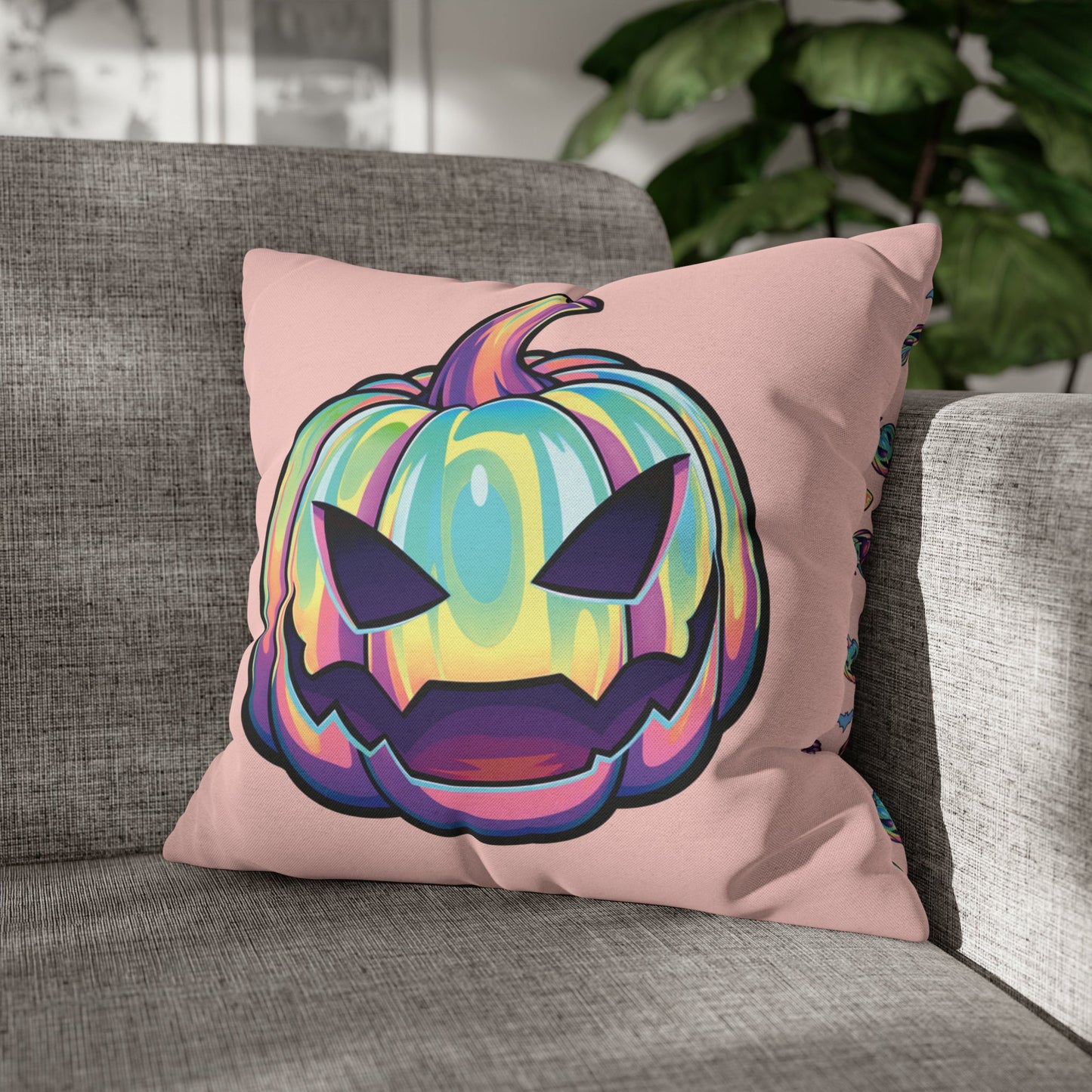 Joke-o’-Lantern Reversible Square Pillow Case - Coral - Driftless Enchantments