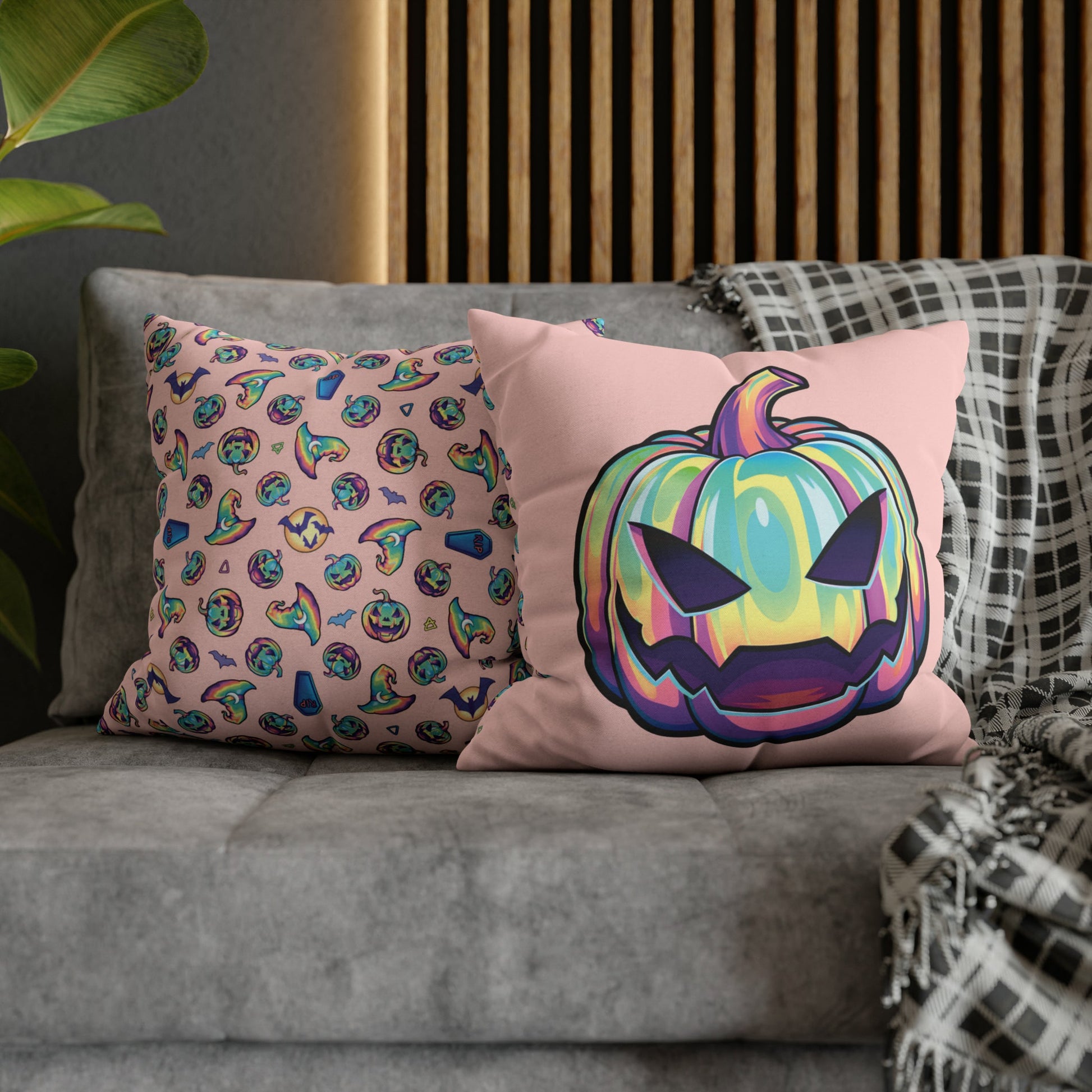 Joke-o’-Lantern Reversible Square Pillow Case - Coral - Driftless Enchantments
