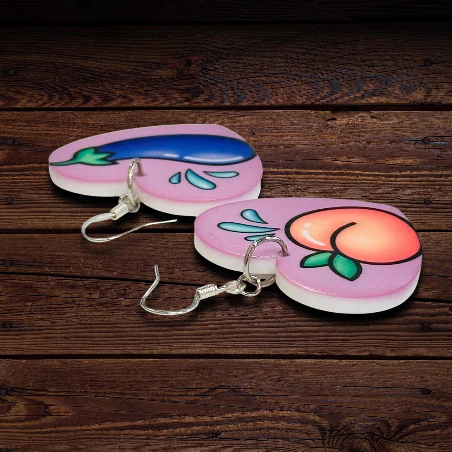 Juicy Peach & Eggplant Emoji Earrings - Painted Raina