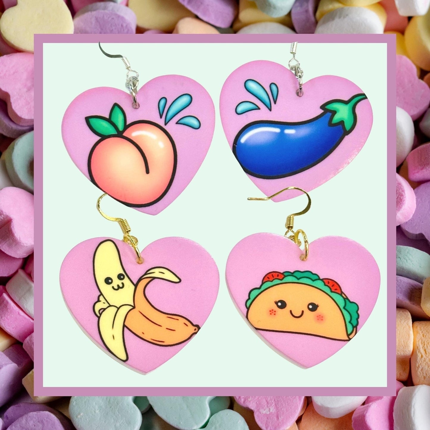 Juicy Peach & Eggplant Emoji Earrings - Painted Raina