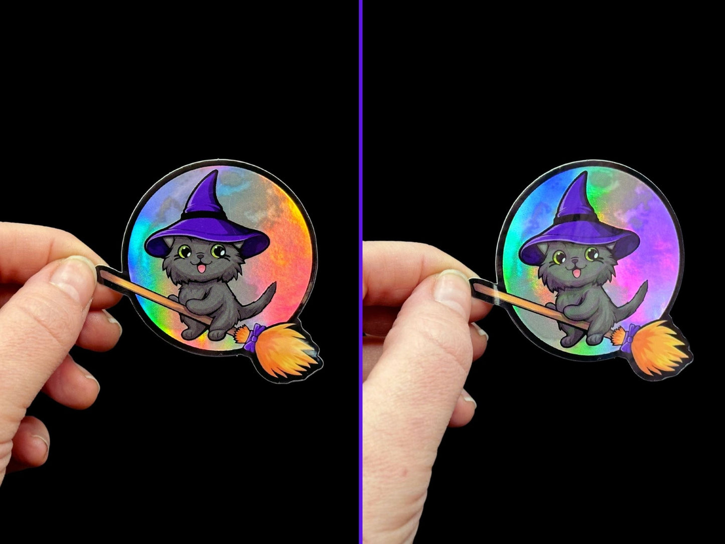 Kitty Flew Over the Moon Premium Holographic Sticker - Driftless Enchantments