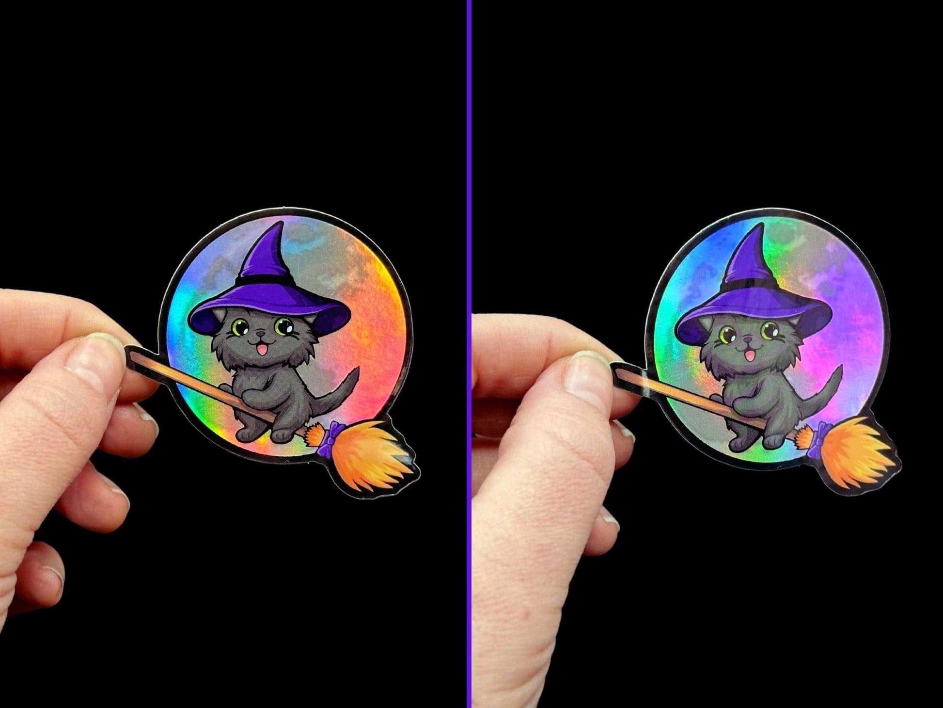 Kitty Flew Over the Moon Premium Holographic Sticker - Driftless Enchantments