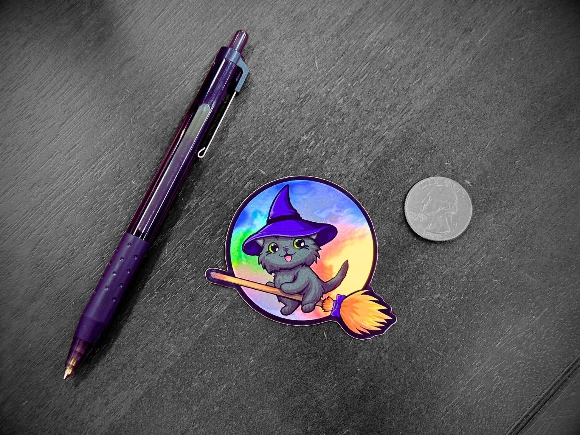 Kitty Flew Over the Moon Premium Holographic Sticker - Driftless Enchantments