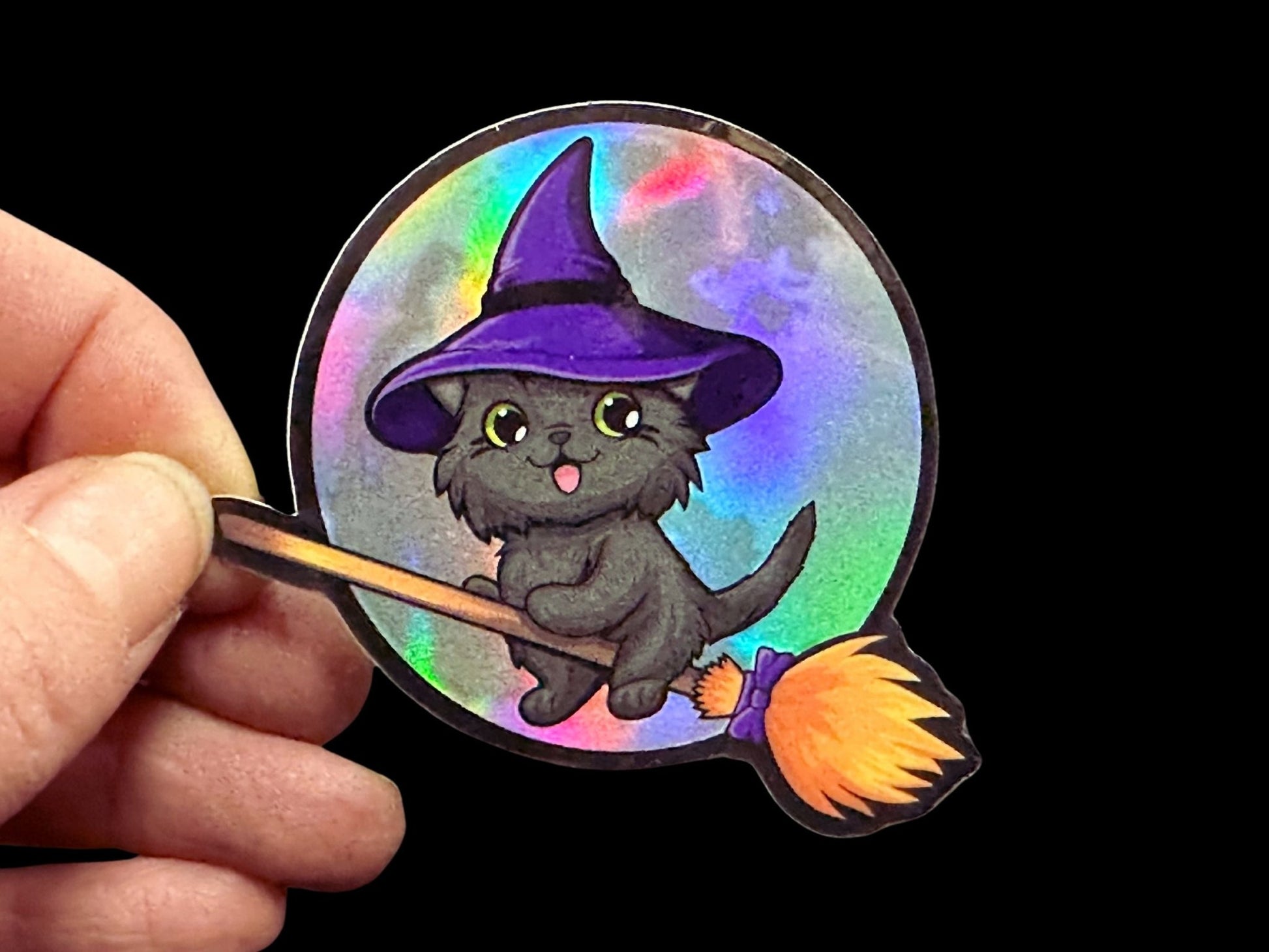 Kitty Flew Over the Moon Premium Holographic Sticker - Driftless Enchantments