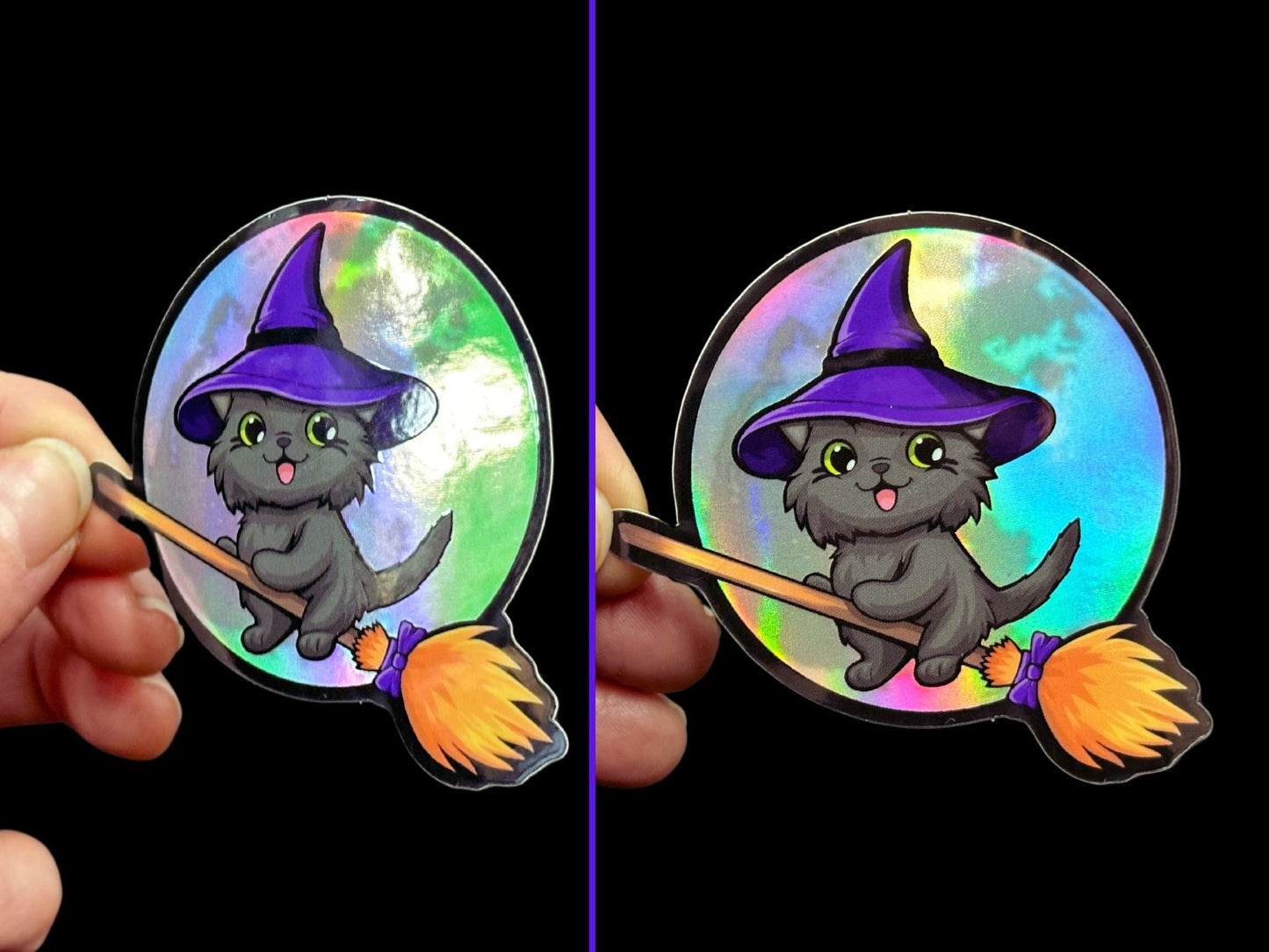 Kitty Flew Over the Moon Premium Holographic Sticker - Driftless Enchantments