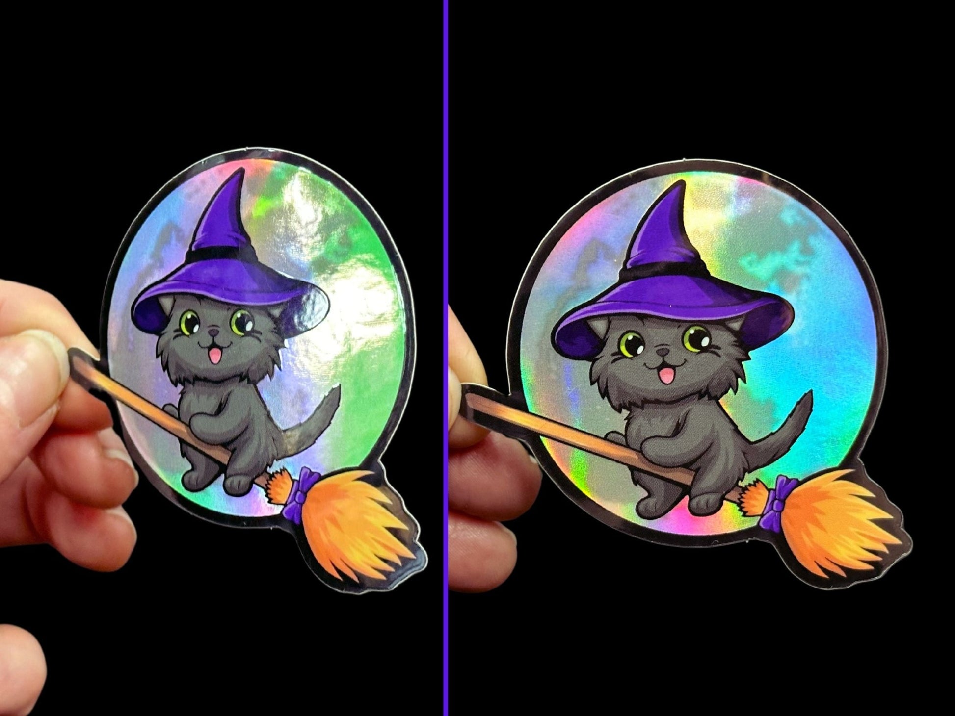 Kitty Flew Over the Moon Premium Holographic Sticker - Driftless Enchantments
