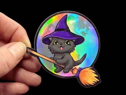 Kitty Flew Over the Moon Premium Holographic Sticker - Driftless Enchantments