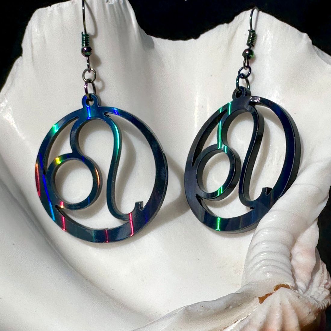 Leo Zodiac Sign Earrings - Black Rainbow Holographic - Driftless Enchantments