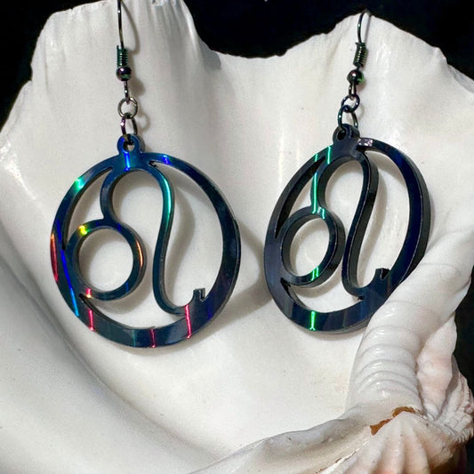 Leo Zodiac Sign Earrings - Black Rainbow Holographic - Driftless Enchantments