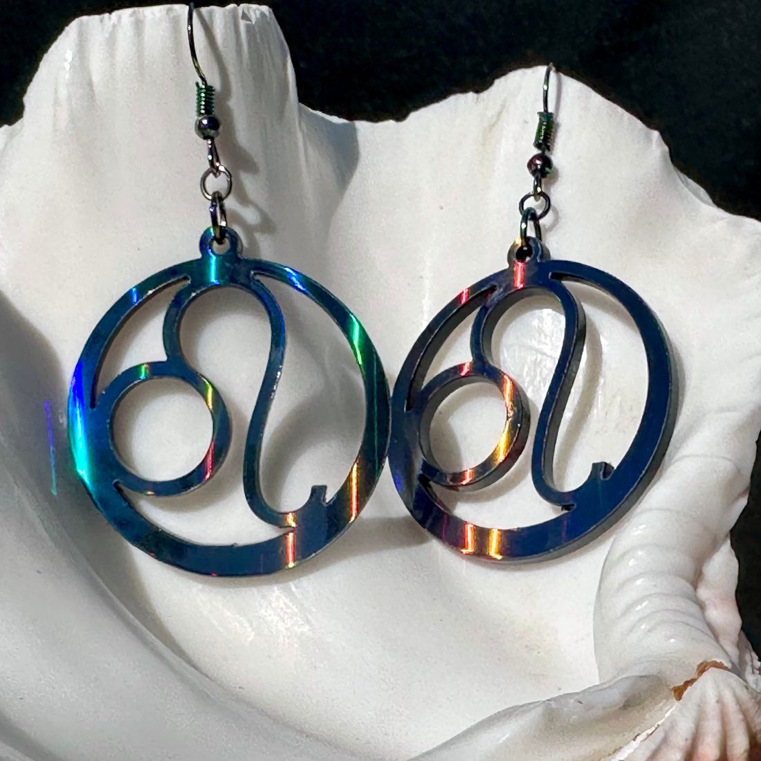 Leo Zodiac Sign Earrings - Black Rainbow Holographic - Driftless Enchantments
