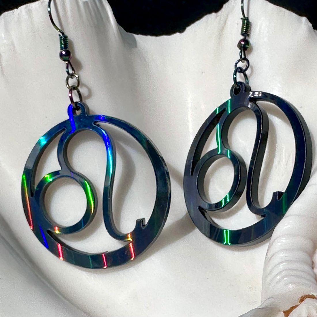 Leo Zodiac Sign Earrings - Black Rainbow Holographic - Driftless Enchantments