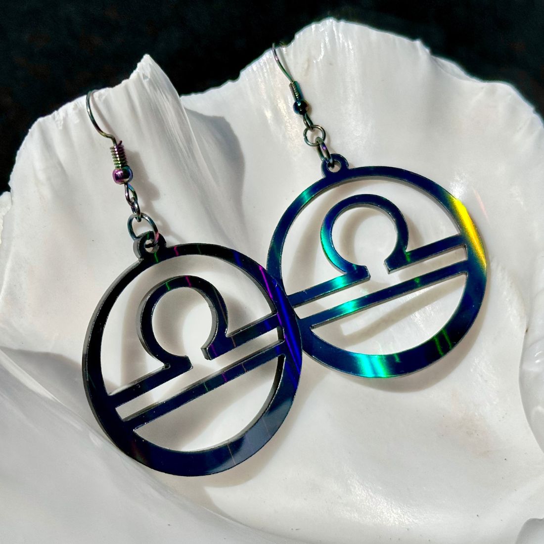 Libra Zodiac Sign Earrings - Black Rainbow Holographic - Driftless Enchantments