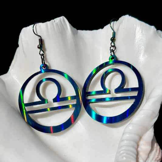 Libra Zodiac Sign Earrings - Black Rainbow Holographic - Driftless Enchantments