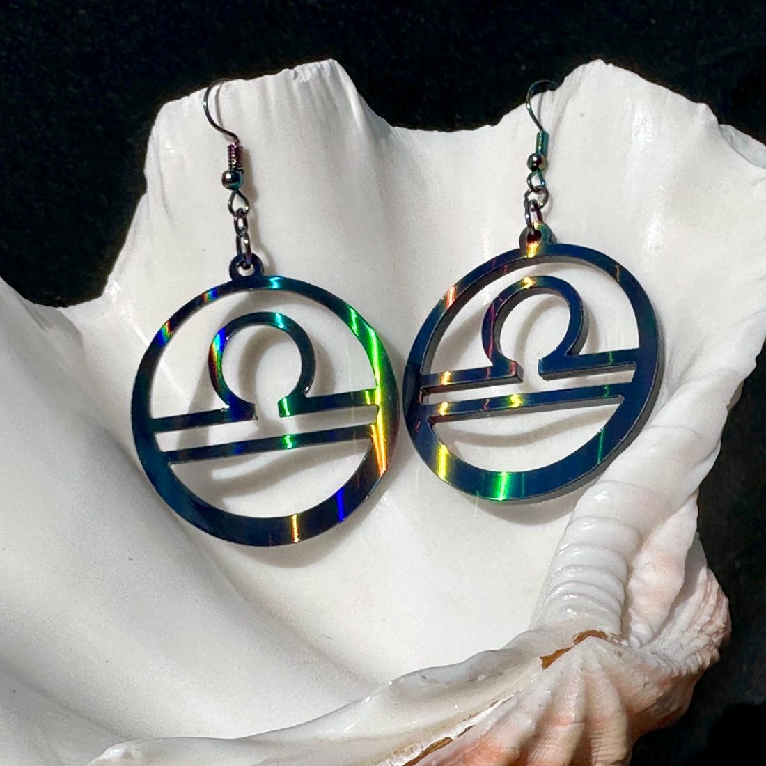 Libra Zodiac Sign Earrings - Black Rainbow Holographic - Driftless Enchantments