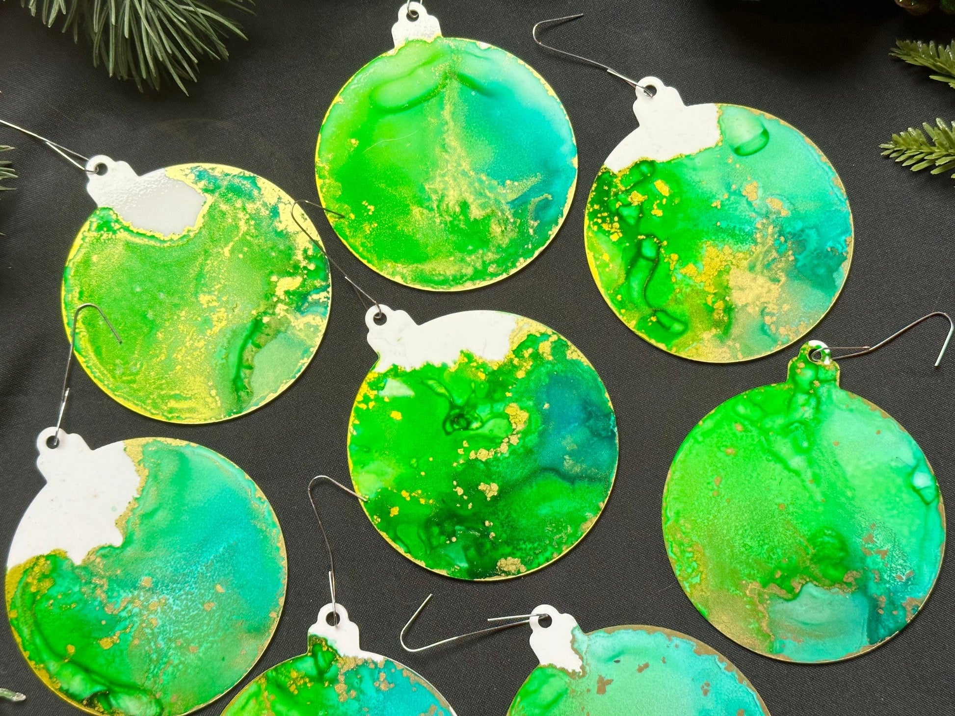 Lime, Aqua and Gold Inks Hand-Painted Ornaments - Set of 8 - Driftless Enchantments