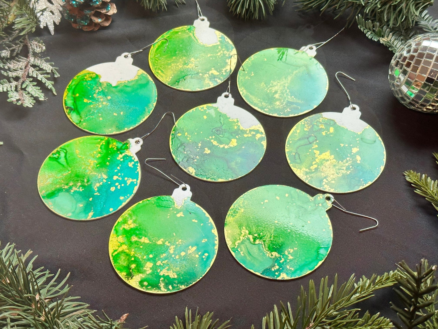 Lime, Aqua and Gold Inks Hand-Painted Ornaments - Set of 8 - Driftless Enchantments