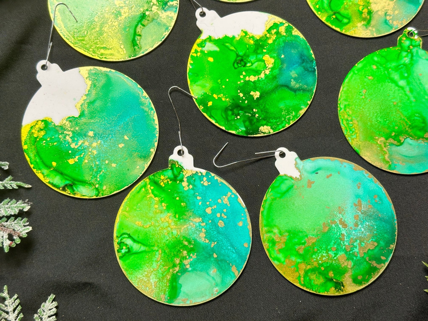 Lime, Aqua and Gold Inks Hand-Painted Ornaments - Set of 8 - Driftless Enchantments