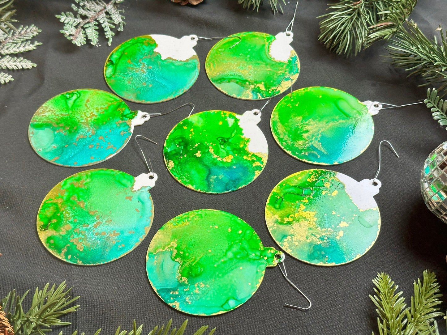 Lime, Aqua and Gold Inks Hand-Painted Ornaments - Set of 8 - Driftless Enchantments