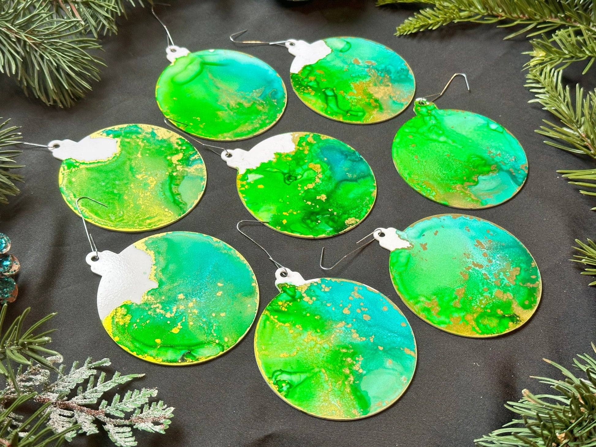 Lime, Aqua and Gold Inks Hand-Painted Ornaments - Set of 8 - Driftless Enchantments