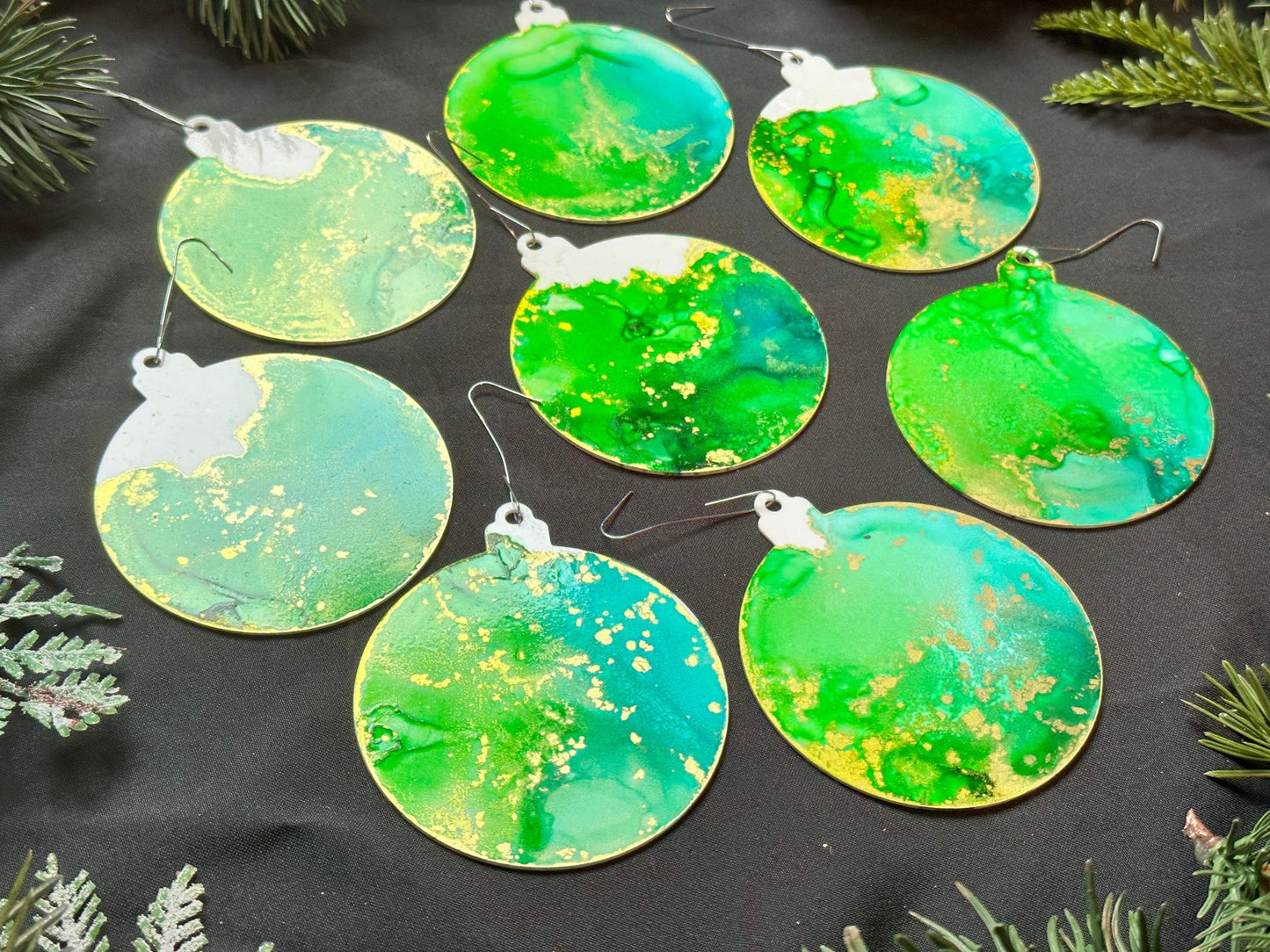 Lime, Aqua and Gold Inks Hand-Painted Ornaments - Set of 8 - Driftless Enchantments